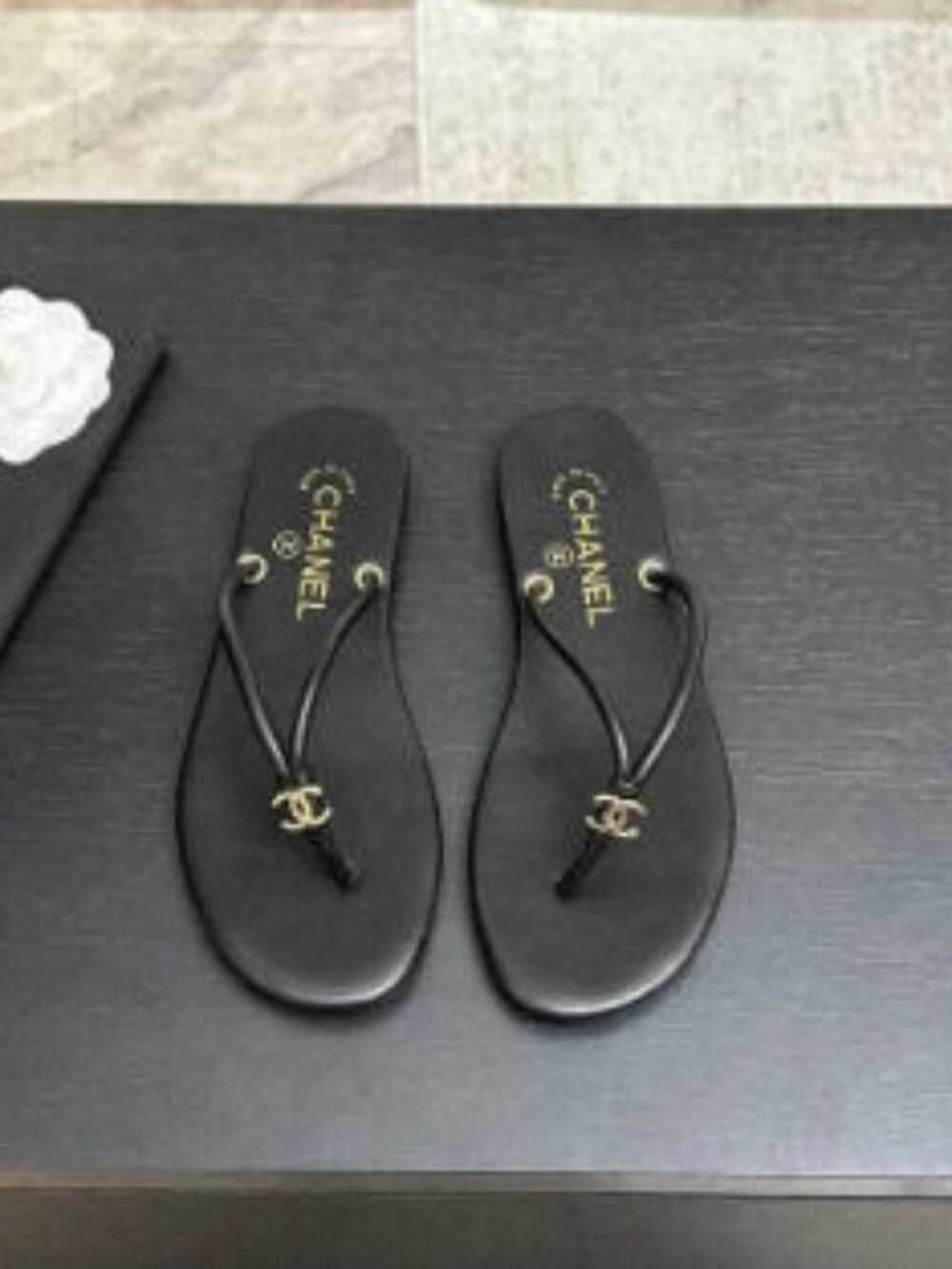 Chanel Black CC Logo Thong Flip Flop Sandals
